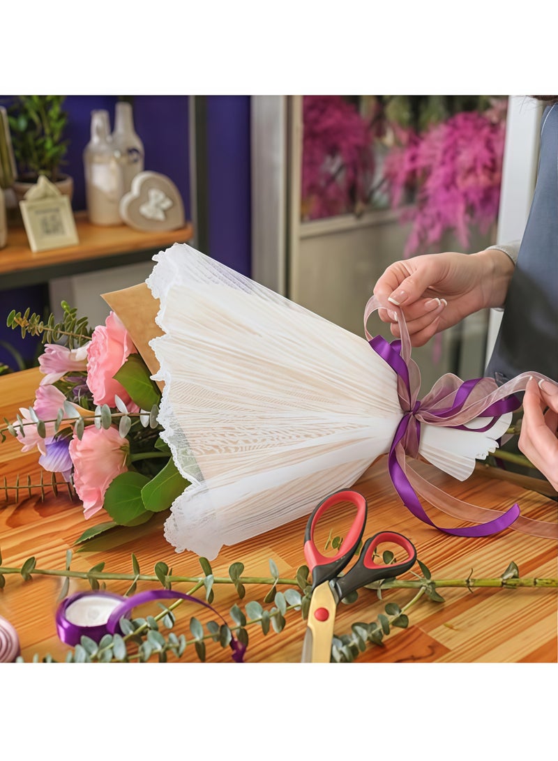 ورق تغليف زهور أبيض عادي، 4 ياردات، 28 سم، بحواف لؤلؤية، مموج ومجعد، مناسب للأعمال اليدوية، عيد الحب، عيد الأم، وحفلات الزفاف، ولوازم تنسيق الزهور. - Image 3